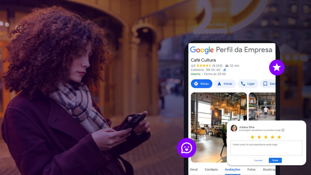 Mulher usando seu celular para encontrar uma cafeteria pelo Google Perfil de Empresas