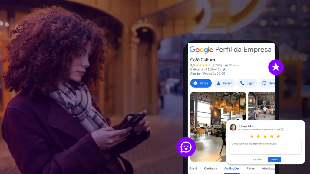 Woman using her cell phone to find a coffee shop through Google Business Profile